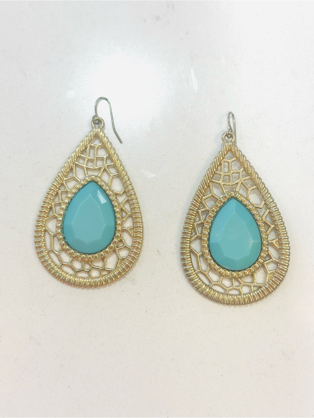 Gold Tone Turquoise Teardrop Filigree Statement Earrings Boho